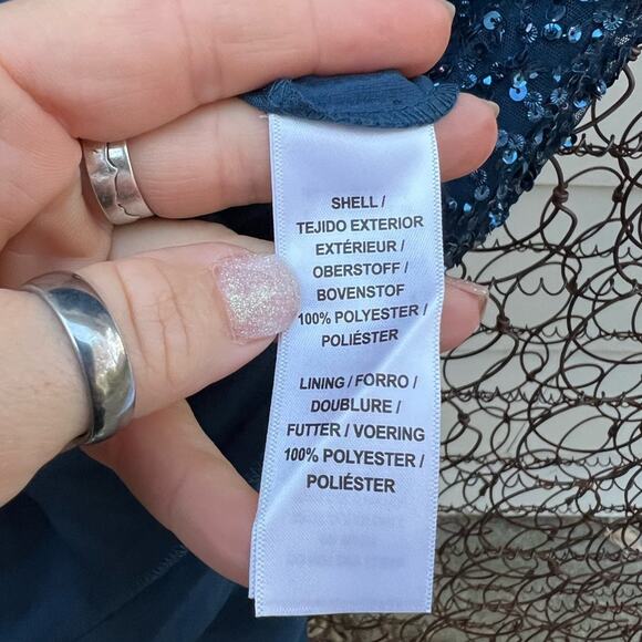 Adriana Papell Navy Blue Bead Sequin Long Formal Short Sleeve Glam Gown Size 8 - Picture 9 of 11